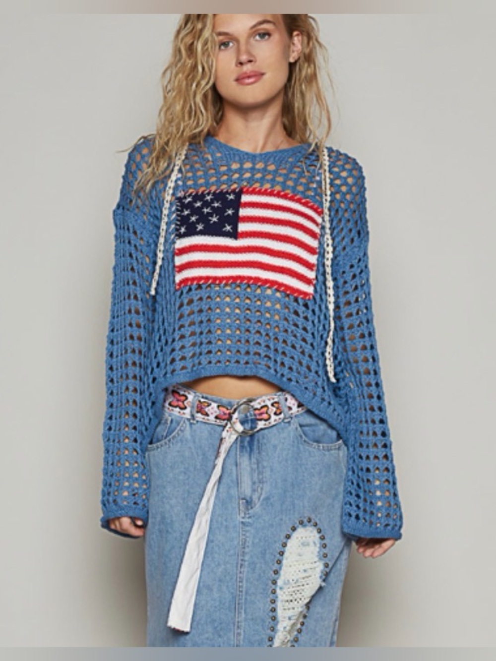 POL Blue Crochet Sweater with Flag Motif